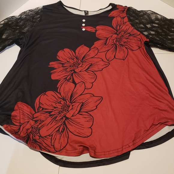 SHEIN Tops - Women's red and black Shein Curve blouse with lace sleeves and flowers size 3XL